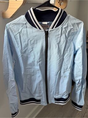 merona blue bomber jacket with navy and white stripes